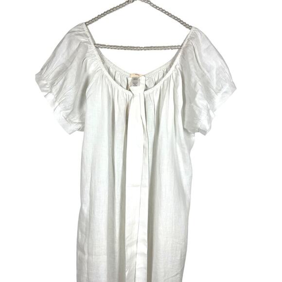 Eberjey The Harper White Linen Short PUff Sleeve Button Down Midi Dress Size XL - Picture 7 of 11